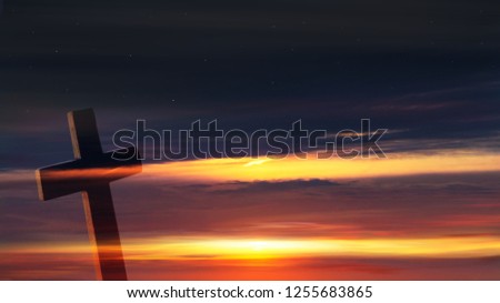 Christian cross on sunset background . Way to God . bright light from heaven . Religious background . 