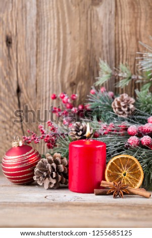 Christmas greeting card. Festive decoration on wooden background. New Year concept. Copy space.  Flat lay. Top view.