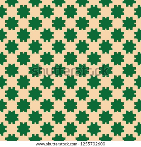 Vector abstract geometric seamless pattern. Simple ornament with flower silhouettes, square shapes, crosses, repeat tiles. Background texture in dark green and beige colors. Retro vintage style design