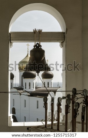 Church bronze bell Ukrainian Orthodox Church of the Moscow Patriarch. The inscription on the bell: Holy Assumption Odessa Patriarchal Monastery, the phrase from the Bible
