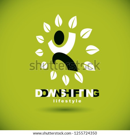 Vector illustration of happy abstract human with reaching up. Downshifting concept logo. Wellness and harmony symbol. Wanderlust and countryside vacation icon.