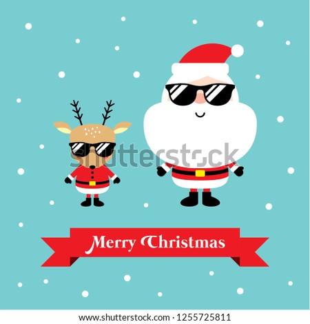 cool christmas santa claus and reindeer merry christmas greeting card vector. cute santa clause and deer with sunglasses happy new year card.