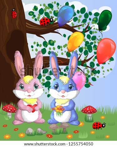 Two cute bunny in a forest glade. Boy and girl, concept spring, love, postcard