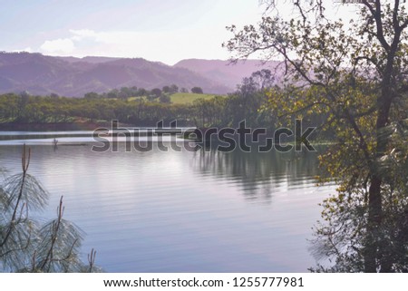 small tree branches begin to bud during early spring attempting to conceal stunningly gorgeous lake with mountainous background vibrant greenery, lush forest