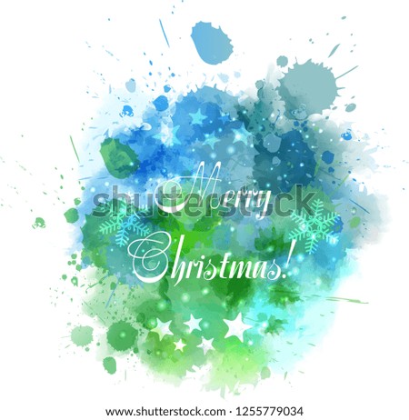 Watercolor Christmas background with text message in blue and green colors.