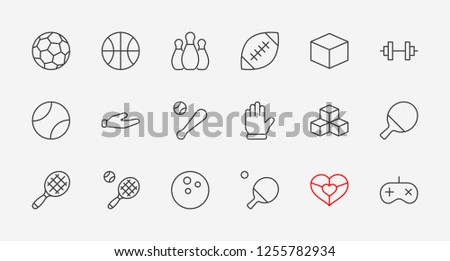 Set of sports balls, hobbies, entertainment vector line icons. It contains symbols of football, basketball, bowling, tennis and much more. Editable move. 32x32 pixels.