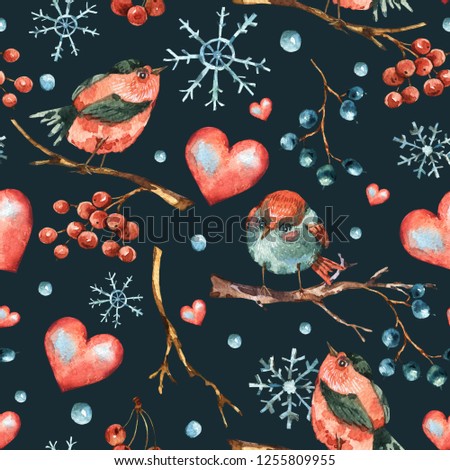 Winter watercolor natural seamless pattern with red heart, bird, snowflakes, branches and berries,  vintage illustration on black background