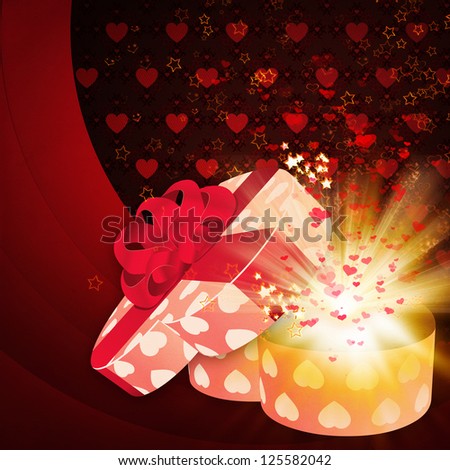 Illustration of opened heart shaped box on red background with hearts.