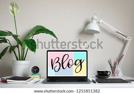 Blogging,blog concepts ideas with computer laptop on worktable.business creativity and inspiration images Royalty-Free Stock Photo #1255851382