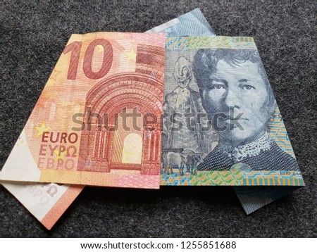 european banknote of ten euro and australian banknote of ten dollars