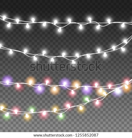 Realistic Christmas Lights bulbs isolated on transparent background. Glowing lights for Christmas Holiday cards.  New Year Garlands  decorations , banners, posters, web design. 
