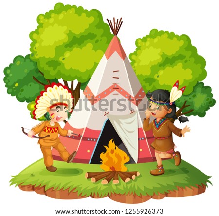 Native Americans nect to teepee illustration