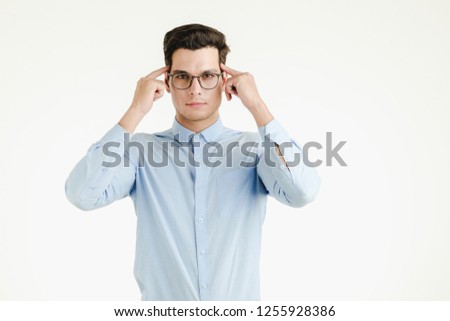 Handsome young hipster office man in action of confident smart thinking and thoughtful, portrait isolated on white background.