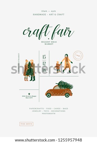 Christmas fair poster. Minimalist design template. Art and craft market. Vector illustration
