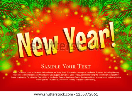 Horizontal banner for party New Year. Red background with confirous branches and gold text.