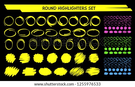 Yellow highlight marker circle frame set vector illustration. Group of hand drawn round frames and marker scribbles. Neon colors highlight blob brush marks for social media or office style design Royalty-Free Stock Photo #1255976533