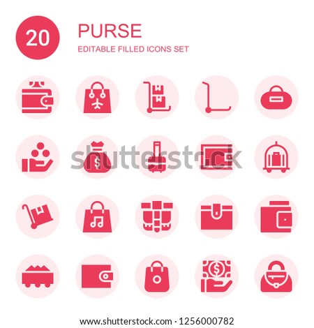 purse icon set. Collection of 20 filled purse icons included Wallet, Bag, Trolley, Purse, Payment, Belt pouch, Shopping, Handbag