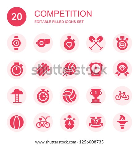 competition icon set. Collection of 20 filled competition icons included Watch, Whistle, Stopwatch, Oar, Chronometer, Skii, Volleyball, Winner, Goals, Trophy, Bicycle, Ball, Stop watch