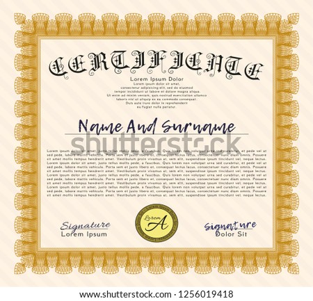 Orange Sample certificate or diploma. Nice design. Vector illustration. With guilloche pattern and background. 