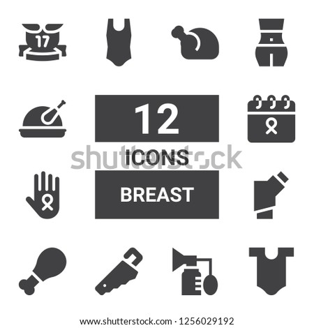 breast icon set. Collection of 12 filled breast icons included Body, Breast pump, Handsaw, Chicken, Inhalator, Cancer, Ribbons