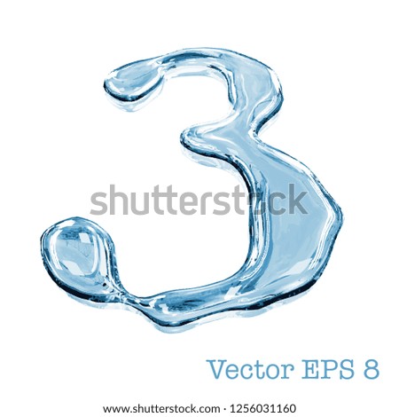 Number collection from clear transparent bluish water droplets - 3. Isolated on white background. Vector EPS 8.