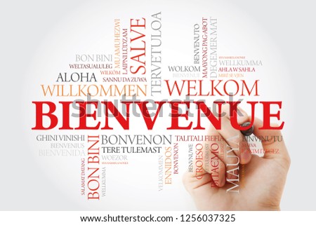 Bienvenue (Welcome in French) word cloud with marker in different languages, conceptual background