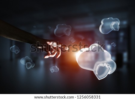 Close of businessman hand touching glass cloud computing concept. Mixed media