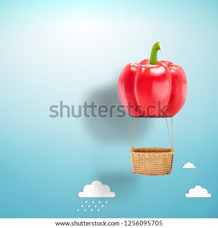 3D Pepper hot air  balloon floating in the sky; Air travel and aircraft,Tourism and recreation. Sky objects. Royalty-Free Stock Photo #1256095705
