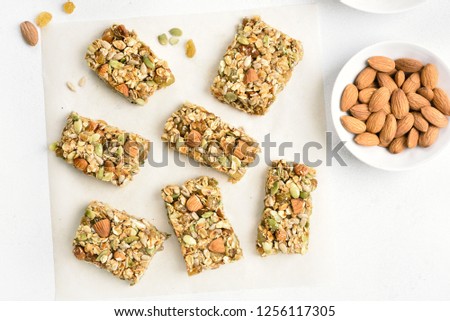 Protein energy bar. Healthy natural snack. Top view, flat lay