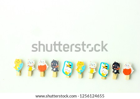 Cat Pattern Clothespins on a White Background