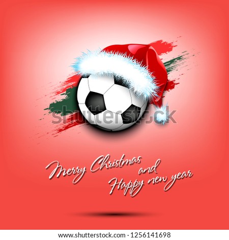 Merry Christmas and Happy new year. New year and soccer ball in santa hat on isolated red background. Design pattern for greeting card. Vector illustration