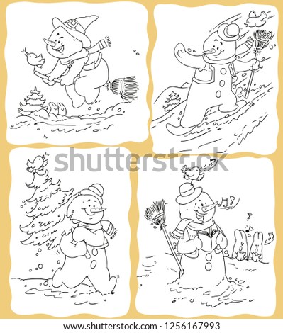 Vector illustration, snowman, coloring drawing, cartoon concept.