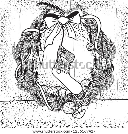 Christmas wreath and Christmas sock with gifts. Ribbon and toys. vector illustration black and white