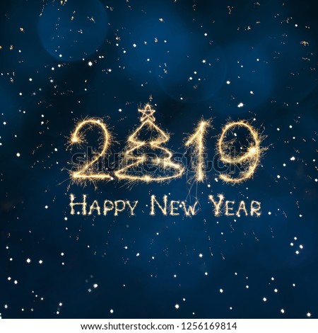 Square Greeting card Happy New Year 2019. Beautiful creative holiday web banner or billboard with Golden sparkling text Happy New Year 2019 written sparklers on festive blue background.
