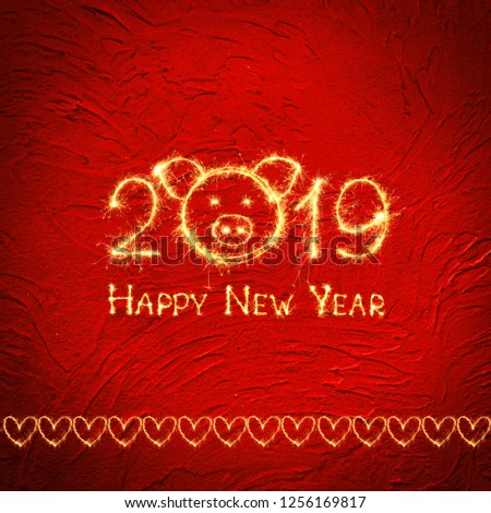Square Greeting card Happy New Year 2019. Beautiful creative holiday web banner with with head of the pig, symbol of 2019 in the Chinese calendar. Sparkling text Happy New Year 2019 on red background