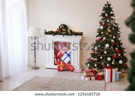 Christmas tree with presents, Garland lights new year winter home decoration