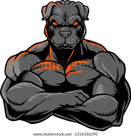 The illustration shows a strong bulldog whose body is covered with huge muscles. 