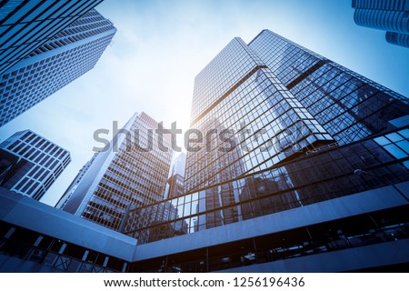Commercial buildings in Hongkong are low angle, China, Royalty-Free Stock Photo #1256196436