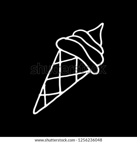 Sweet cartoon hand drawn ice cream drawing. Cute raster black and white ice cream drawing. Isolated monochrome doodle ice cream drawing on black background.