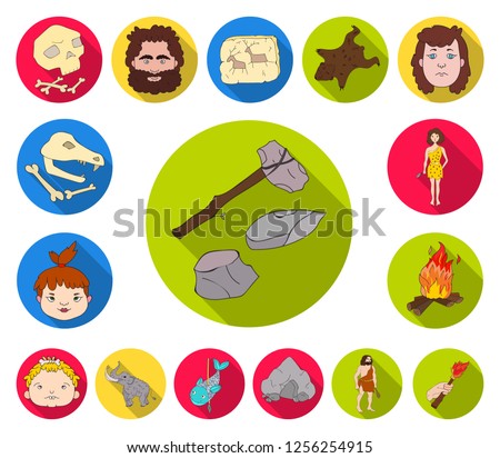 Life in the Stone Age flat icons in set collection for design. Ancient people vector symbol stock web illustration.