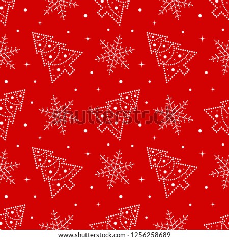 Seamless Christmas pattern of snowflakes and Christmas trees decorated with garlands and beads on traditional red background. Winter celebrations print for gift paper.Vector Illustration. Royalty-Free Stock Photo #1256258689