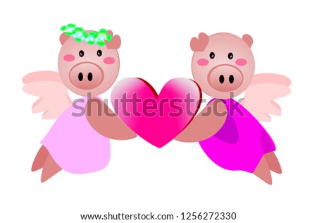 
Two cute animal  holding a heart shape concept of the deity of love for Valentine's Day. Year of the Pig and New Year 2019 and Chinese New Year.  Flat illustration for decoration.