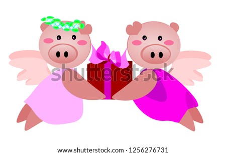 Two cute animal  holding a gift concept of the deity of love for Valentine's Day. Year of the Pig and New Year 2019 and Chinese New Year.  Vector flat illustration for decoration.