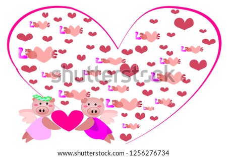  Cute animal  holding a heart-shaped and love text concept of the deity of love for Valentine's Day. Year of the Pig and New Year 2019 and Chinese New Year.  Vector flat illustration for decoration.