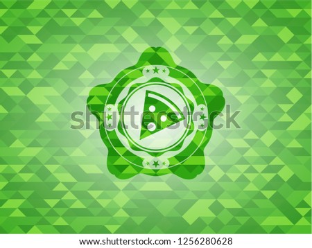 pizza slice icon inside green emblem with mosaic ecological style background