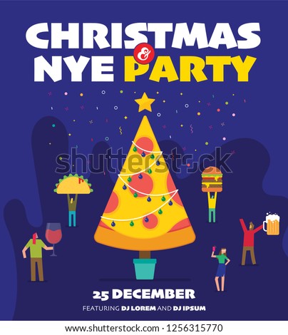 Christmas and New Year Party vector poster template. Poster for entrance to the party. Christmas Food Modern illustration template. Vector illustration of people, food and wine. Food People Party.