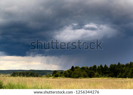 Stormy sky over the field and forest