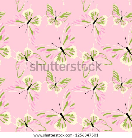 Seamless pattern with butterflies. Vector transparent butterfly on a pink background.