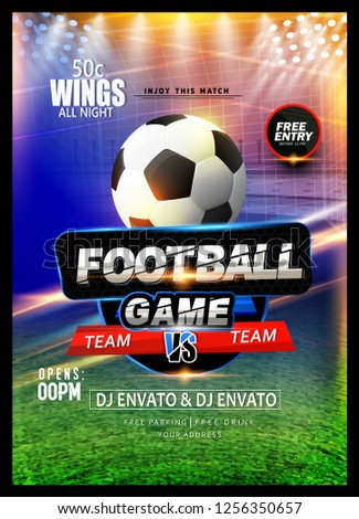 Innovative design football league poster, banner or flyer design, football ground as background.