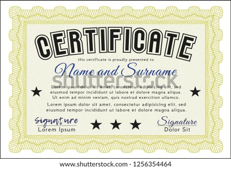 Yellow Sample Certificate. Good design. Detailed. Easy to print. 